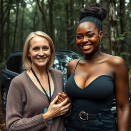 A luxury SUV parked in the middle of an abandoned, dense forest