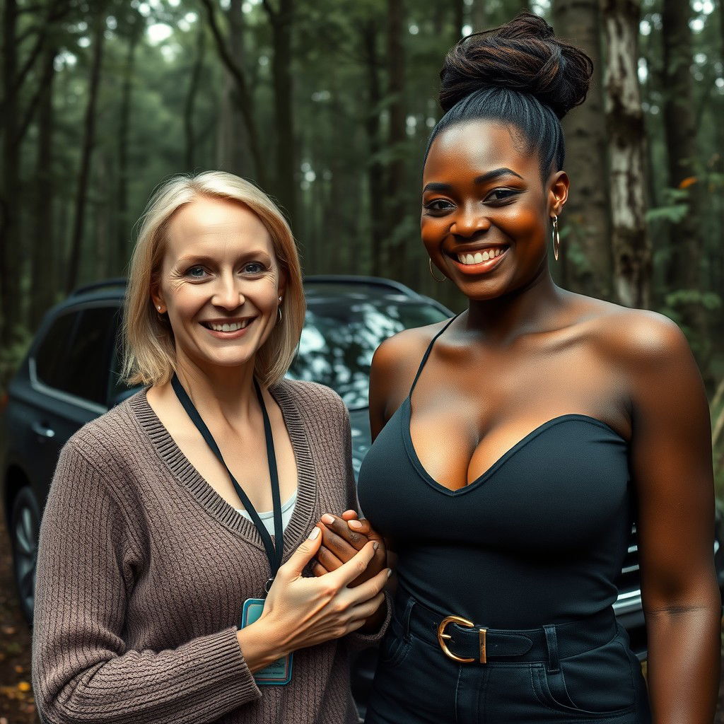 A luxury SUV parked in the middle of an abandoned, dense forest