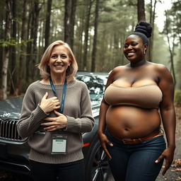 A luxurious SUV parked in an abandoned dense forest, creating a contrast between the sleek vehicle and the wild surroundings