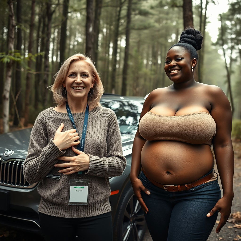 A luxurious SUV parked in an abandoned dense forest, creating a contrast between the sleek vehicle and the wild surroundings