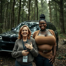 A luxurious SUV parked in an abandoned dense forest, creating a contrast between the sleek vehicle and the wild surroundings