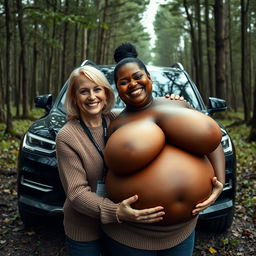 A luxurious SUV parked amidst an abandoned, dense forest, creating a striking contrast with nature