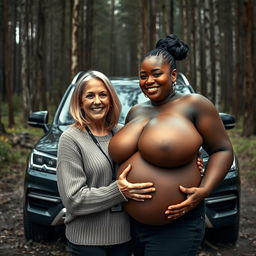 A luxurious SUV parked amidst an abandoned, dense forest, creating a striking contrast with nature