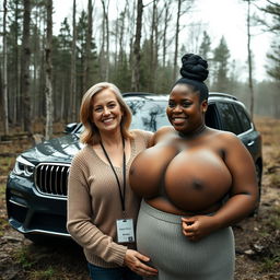 A luxurious SUV parked amidst an abandoned, dense forest, creating a striking contrast with nature