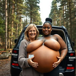 A luxurious SUV parked amidst an untouched, dense forest, providing a striking backdrop