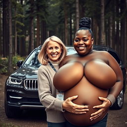 A luxurious SUV parked amidst an untouched, dense forest, providing a striking backdrop