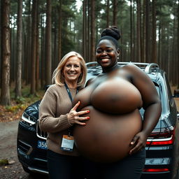 A luxurious SUV parked amidst an untouched, dense forest, providing a striking backdrop