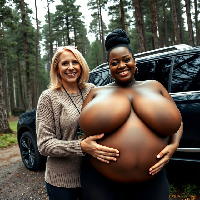 A luxurious SUV parked amidst an untouched, dense forest, providing a striking backdrop