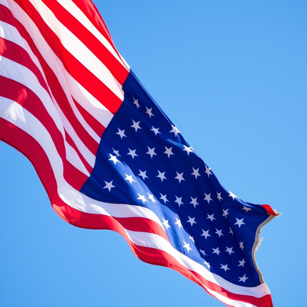 A beautifully detailed American flag waving in the wind, with its vibrant red and white stripes and bold blue field filled with white stars