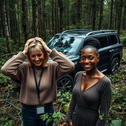 In the midst of a dense and abandoned forest, a luxurious SUV stands out against the wild backdrop