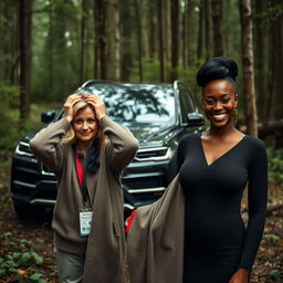 In the midst of a dense and abandoned forest, a luxurious SUV stands out against the wild backdrop