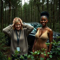 In the midst of a dense and abandoned forest, a luxurious SUV stands out against the wild backdrop