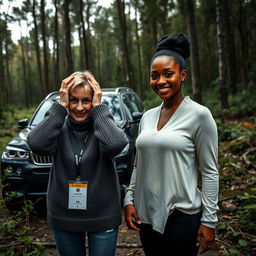 In the midst of a dense and abandoned forest, a luxurious SUV stands out against the wild backdrop
