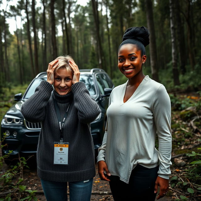 In the midst of a dense and abandoned forest, a luxurious SUV stands out against the wild backdrop