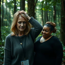 In the heart of a dense and abandoned forest, a scene unfolds with a middle-aged blonde woman, around 45 years old, displaying a striking contrast of emotions