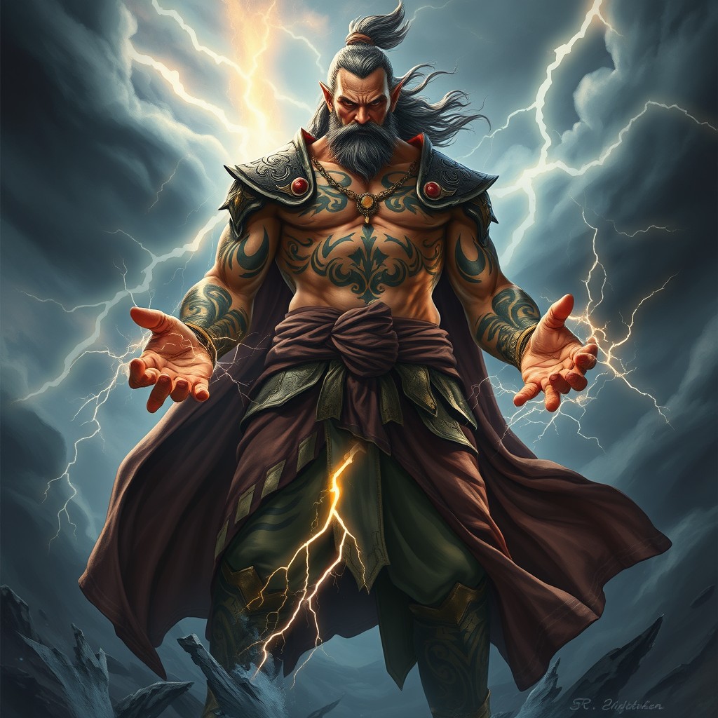 A powerful Goliath Storm Monk standing tall amidst a fierce storm, showcasing intricate tribal tattoos glowing on their skin