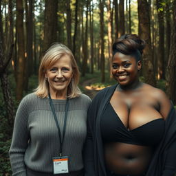 In the heart of a dense and abandoned forest, a scene unfolds with a middle-aged blonde woman, around 45 years old, displaying a striking contrast of emotions