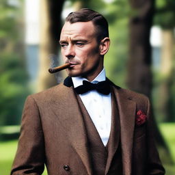 Generate a sophisticated image of Andrew Tate with a cigar, showcasing his charm and imposing presence.