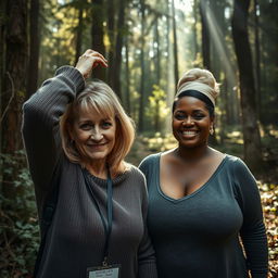 In the heart of a dense and abandoned forest, a scene unfolds with a middle-aged blonde woman, around 45 years old, displaying a striking contrast of emotions