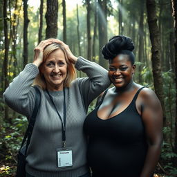 In the heart of a dense and abandoned forest, a scene unfolds with a middle-aged blonde woman, around 45 years old, displaying a striking contrast of emotions