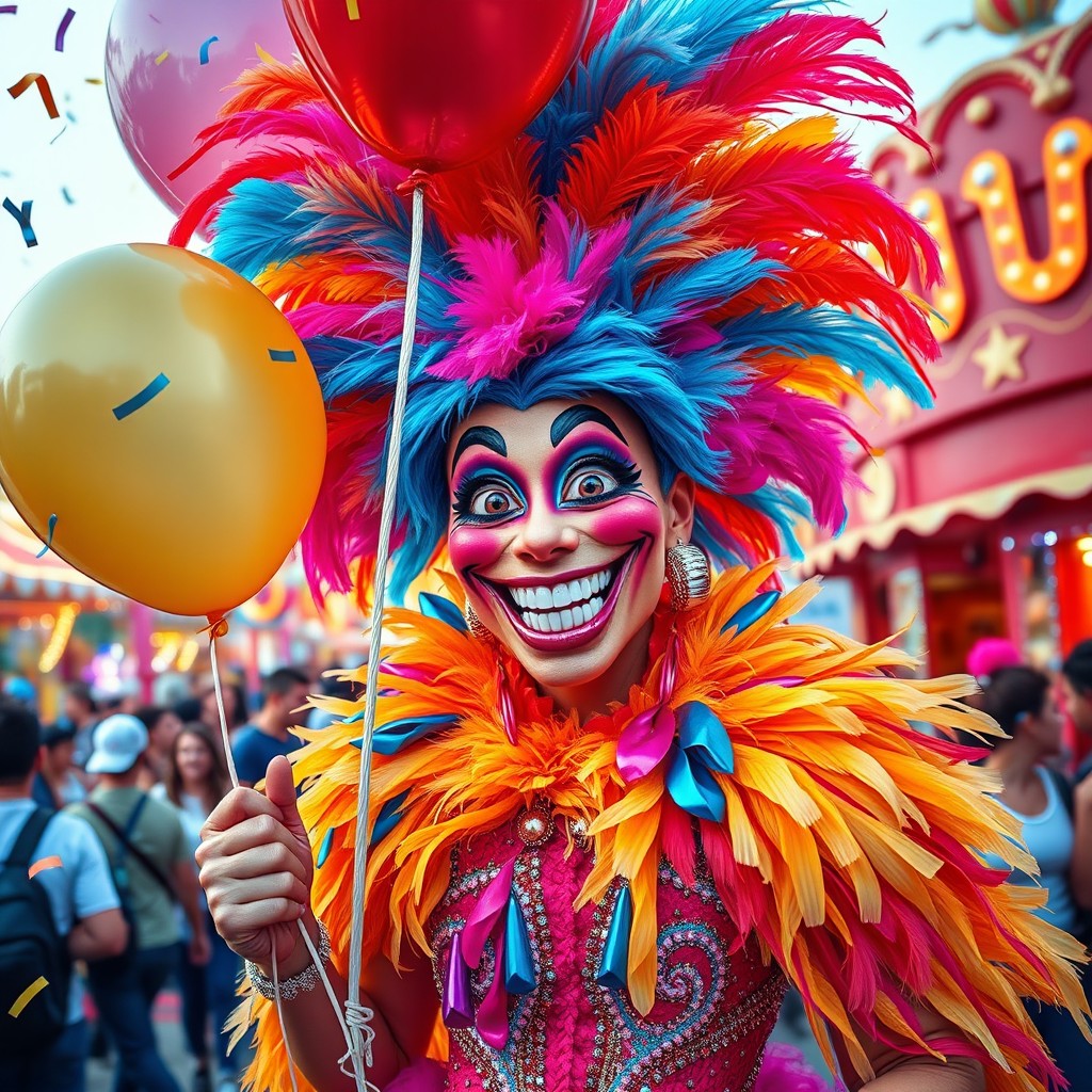 A vibrant carnival character with a big, joyful smile, wearing a colorful costume adorned with feathers and sequins