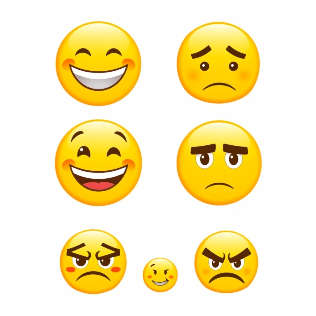 A collection of emojis featuring a happy emoji with a broad smile and bright eyes, and a serious emoji with a neutral expression and furrowed brow