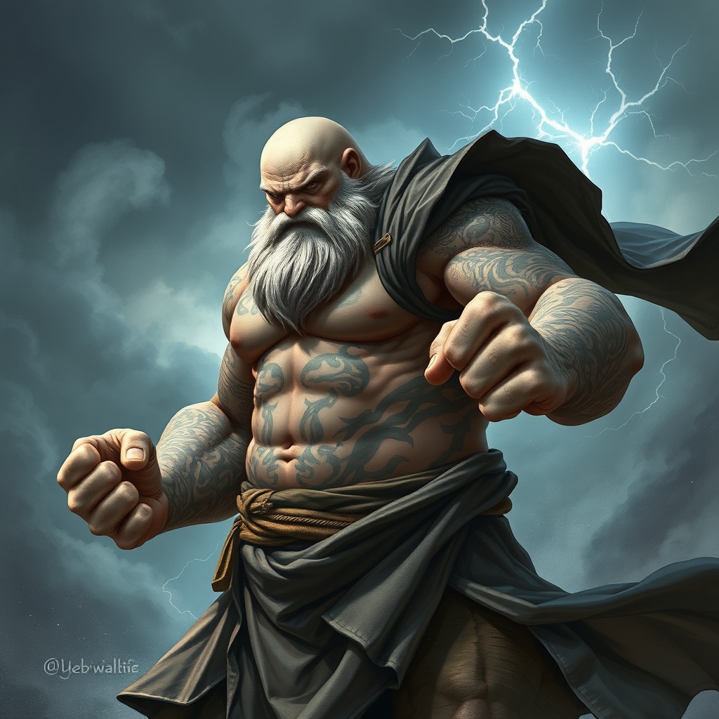 A formidable Goliath Storm Monk in a fighting stance, showcasing a blend of dark and light-colored robes that swirl dramatically in the wind
