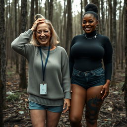 In an abandoned, dense forest, an unusual scene unfolds: a 45-year-old blonde woman with an emaciated appearance, blue eyes, and medium-length blonde hair, is smiling brightly while holding her hands on her head in a state of desperation