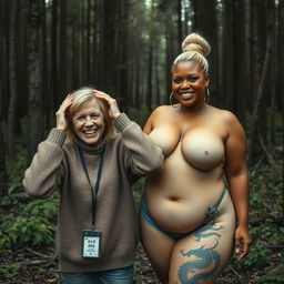 In an abandoned, dense forest, an unusual scene unfolds: a 45-year-old blonde woman with an emaciated appearance, blue eyes, and medium-length blonde hair, is smiling brightly while holding her hands on her head in a state of desperation