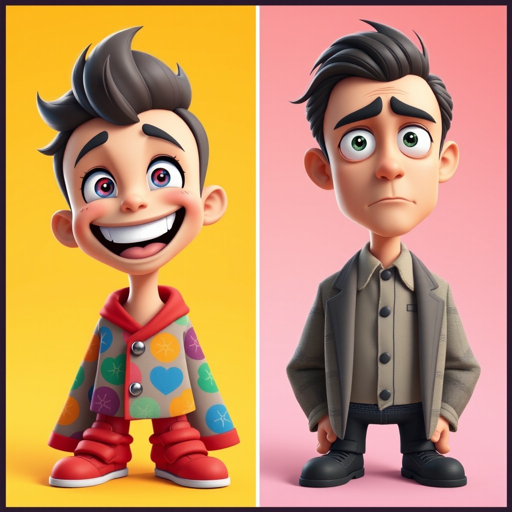 A duo of characters, one exuding happiness and the other portraying seriousness