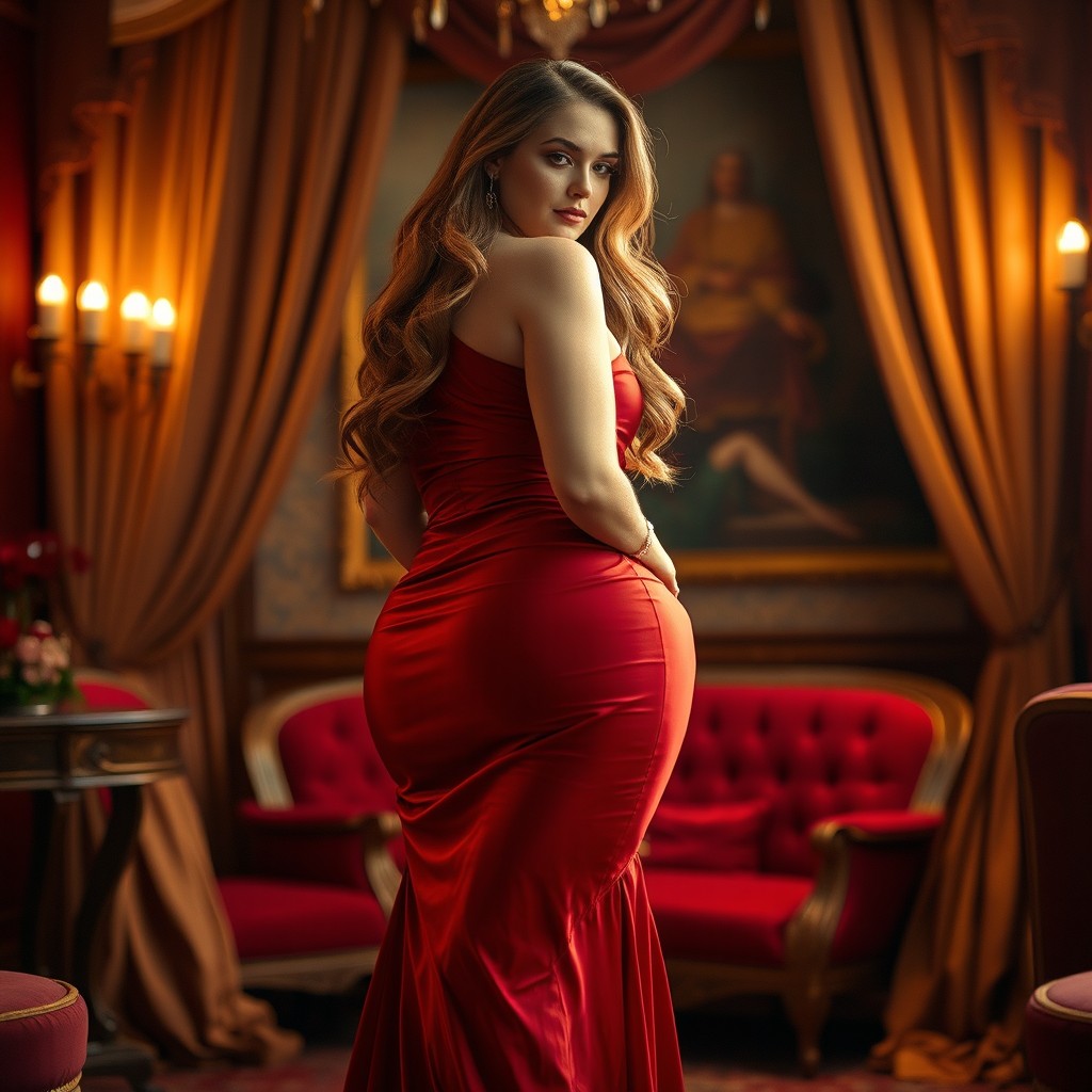 A voluptuous woman with hourglass figure, wearing an elegant, flowing gown that accentuates her curves, standing in a soft-lit, luxurious setting filled with rich textures and colors