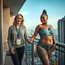 On the balcony of a high-rise suite, a captivating scene emerges featuring two women
