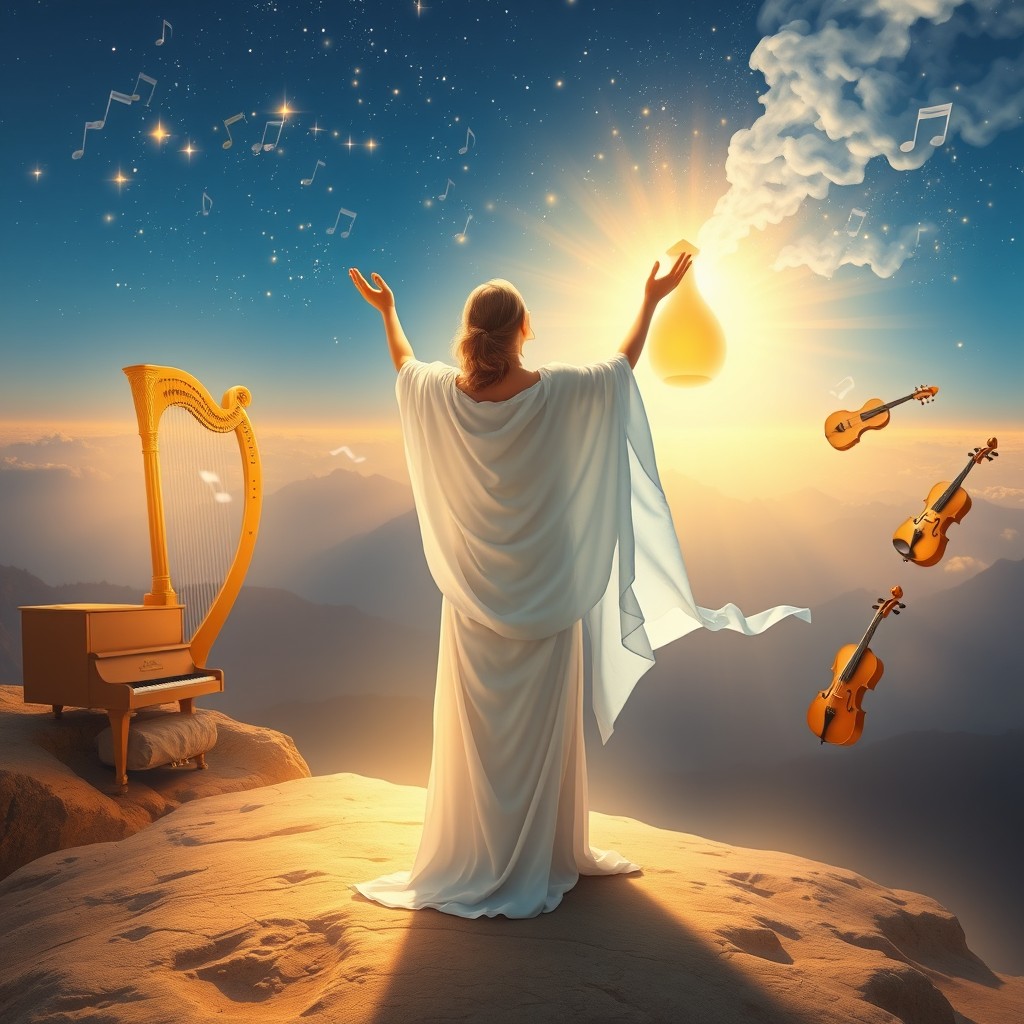 A celestial scene of Hebrew worship featuring a woman standing with flowing white attire and a light blue mantle, her arms raised in prayer (tefilah) surrounded by a soft golden glow
