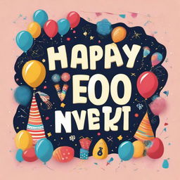 A whimsical and adorable illustration celebrating the New Year, filled with festive elements such as fireworks, party hats, balloons, and a prominent 'Happy New Year' banner.