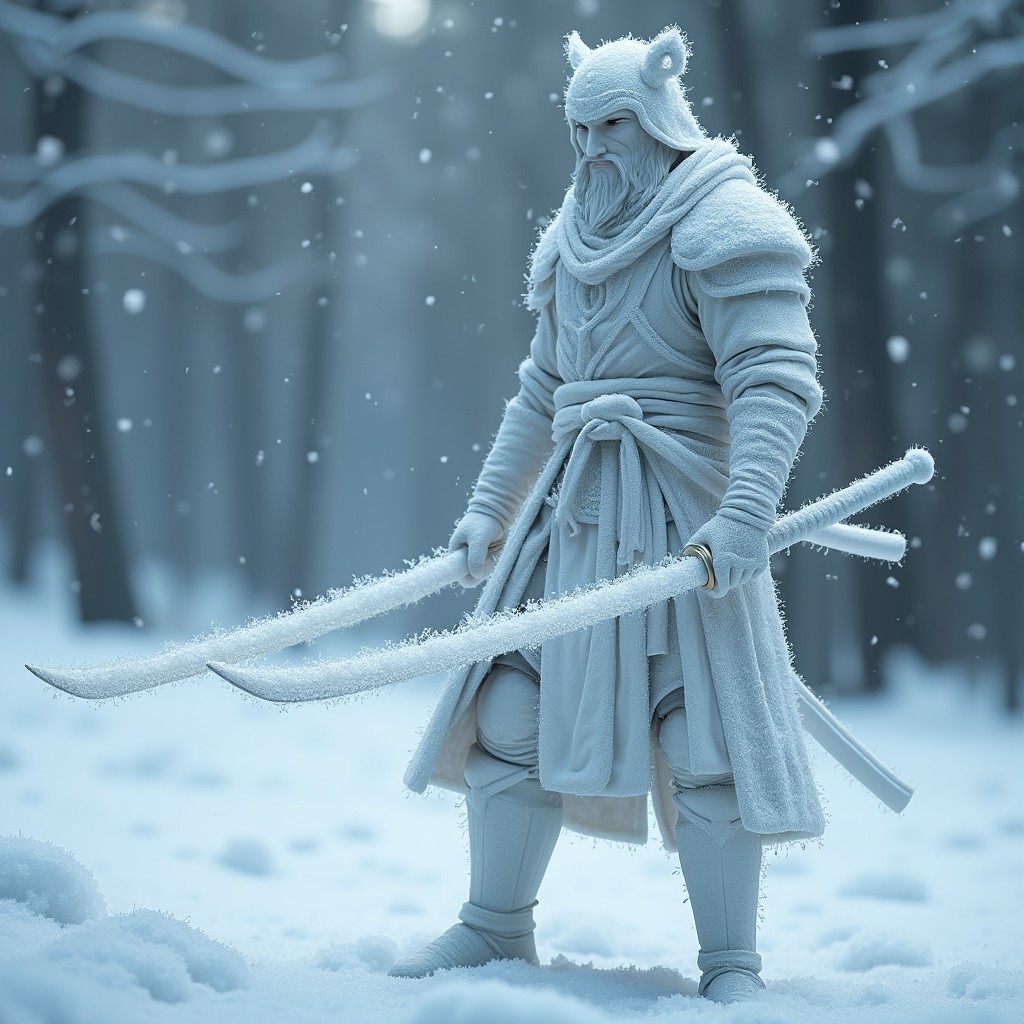 A dynamic and captivating figure of a warrior standing in a winter landscape, gripping a stunning katana made entirely of sparkling snow
