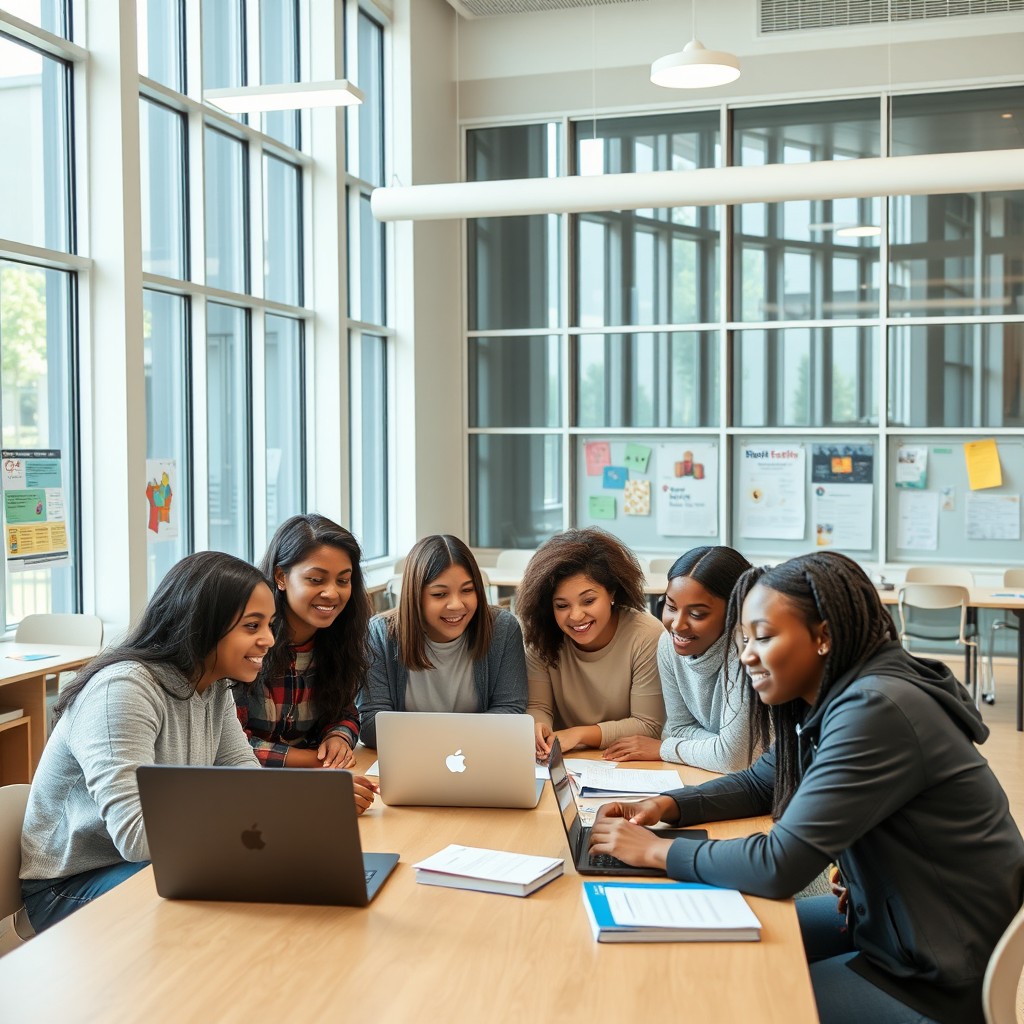 A diverse group of high school students sitting together in a modern educational center, engaged in collaborative learning activities