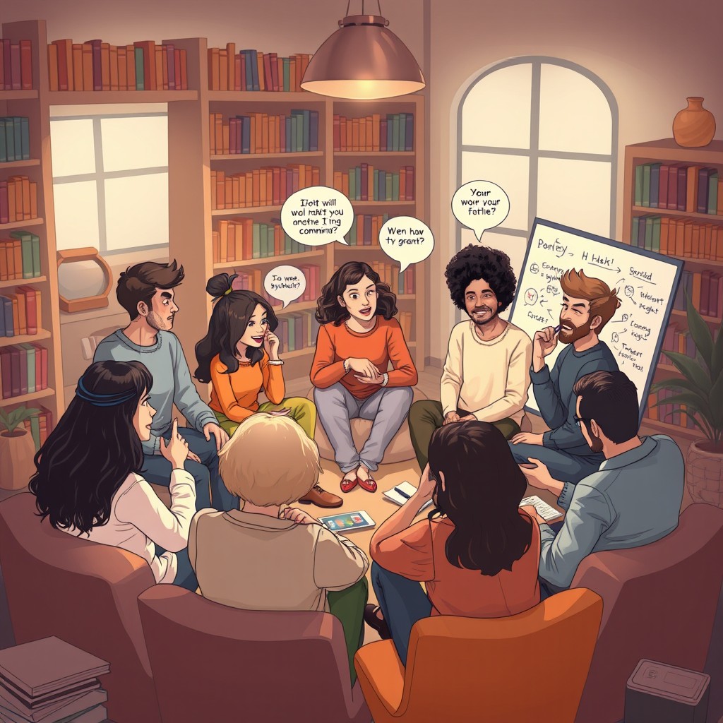 An engaging illustration depicting the concept of psychology, featuring a diverse group of individuals sitting together in a circle, engaged in a deep discussion about their thoughts and feelings