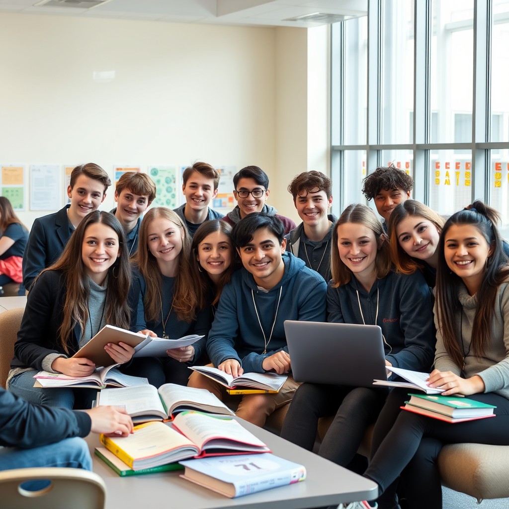 A diverse group of high school students of Caucasian descent sitting together in a modern educational center