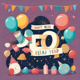 A whimsical and adorable illustration celebrating the New Year, filled with festive elements such as fireworks, party hats, balloons, and a prominent 'Happy New Year' banner.