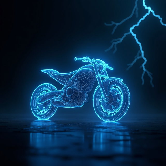 A digital artwork featuring a prominent object outlined in glowing blue lines, set against a deep black background