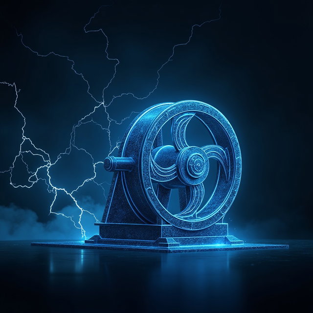 A digital artwork showcasing Tesla’s induction motor, invented in 1887, depicted in glowing blue lines against a pitch-black background