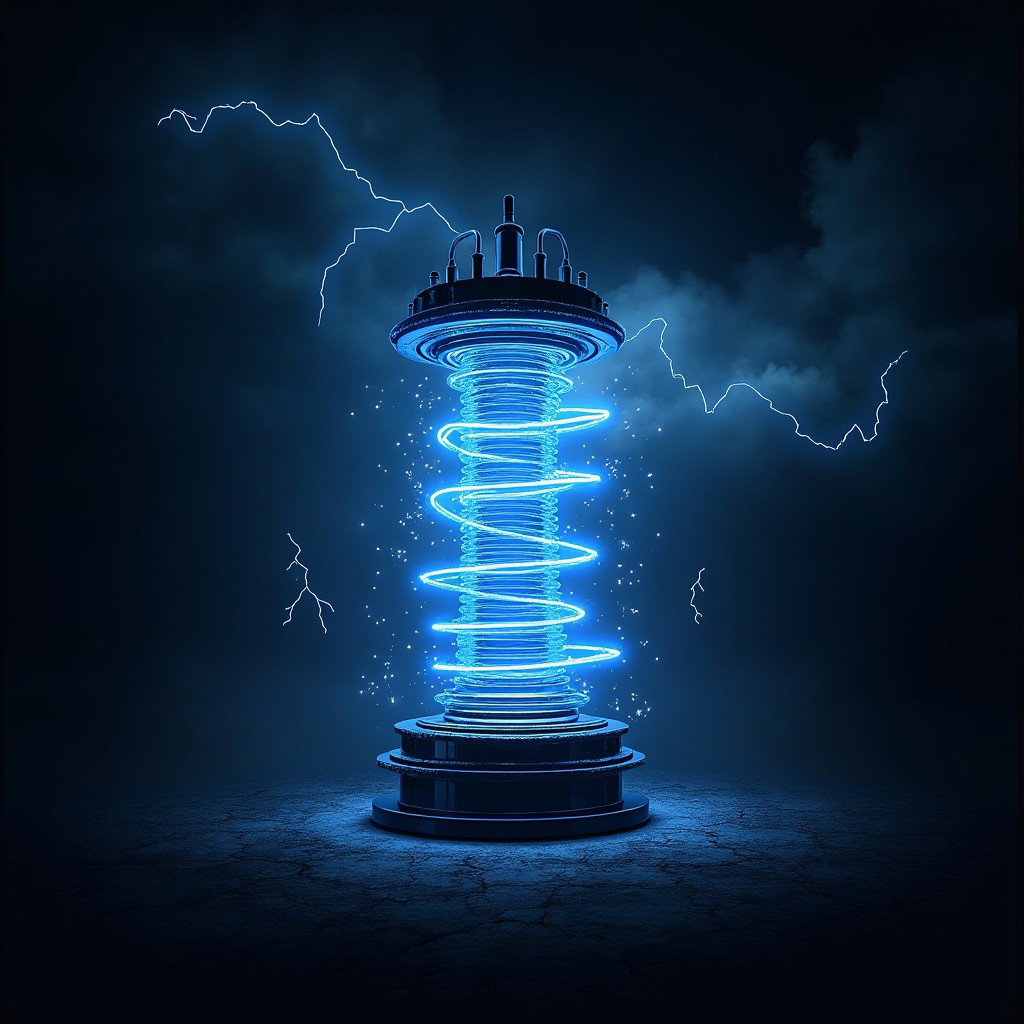 A digital artwork depicting the oscillatory transformer, known today as the Tesla Coil, illustrated in vibrant glowing blue lines against a stark black background