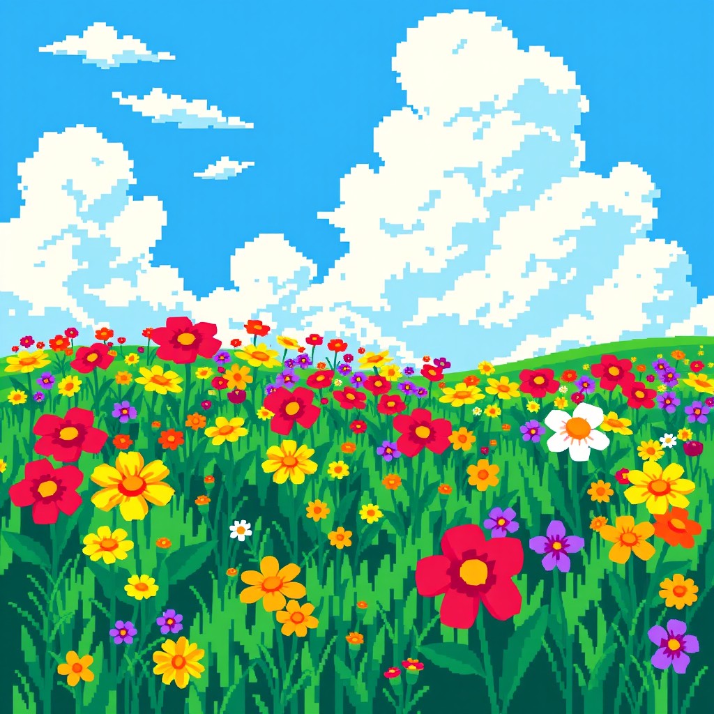 A vibrant and colorful pixel art scene depicting a lush green meadow filled with a variety of blooming flowers in bright colors such as red, yellow, and purple