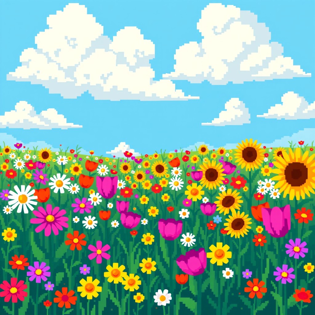 A vibrant pixel art scene depicting a lush meadow filled with colorful flowers in various shapes and sizes