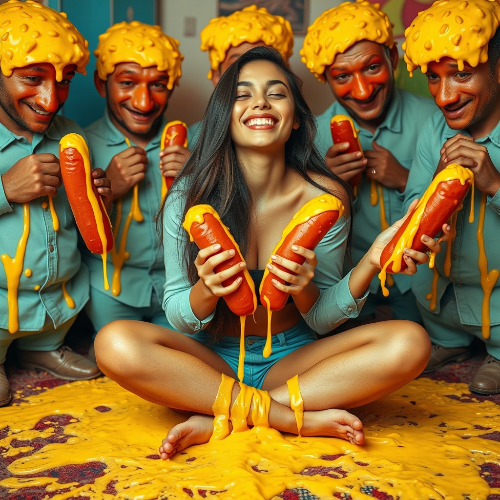 A vibrant and playful scene featuring a hot Latina 18-year-old girl sitting criss-cross with a joyful expression, eyes closed in delight
