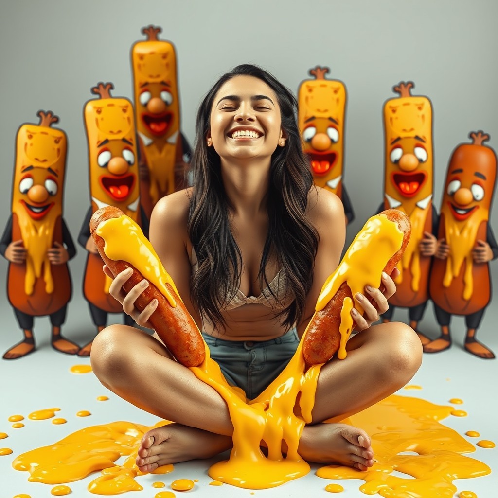 A hot Latina girl, 18 years old, sitting criss-cross with a joyful expression, her eyes closed in a blissful smile