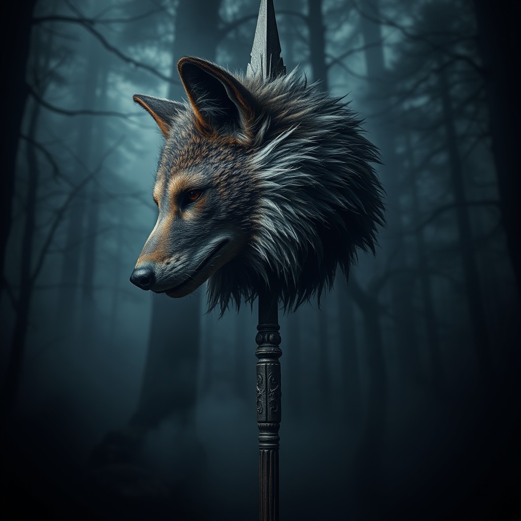 A dramatic and intense scene featuring a severed furry head impaled on a spear, surrounded by a dark and moody forest ambiance