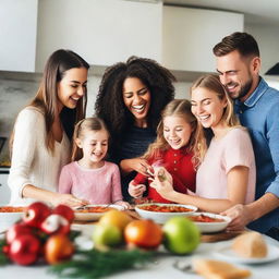 Image of a vibrant family consisting of youthful parents and their daughters aged 21, 19, and 18. They are joyfully preparing Christmas and New Year's meals in a kitchen full of holiday spirit, while exchanging gifts with one another