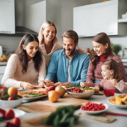 Image of a vibrant family consisting of youthful parents and their daughters aged 21, 19, and 18. They are joyfully preparing Christmas and New Year's meals in a kitchen full of holiday spirit, while exchanging gifts with one another