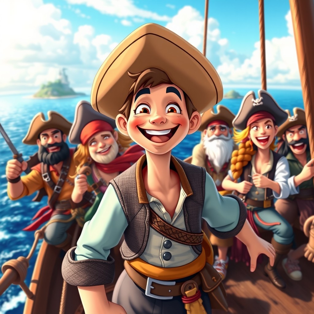 A vibrant scene featuring a group of diverse, colorful pirates on a fantastical ship sailing the Grand Line